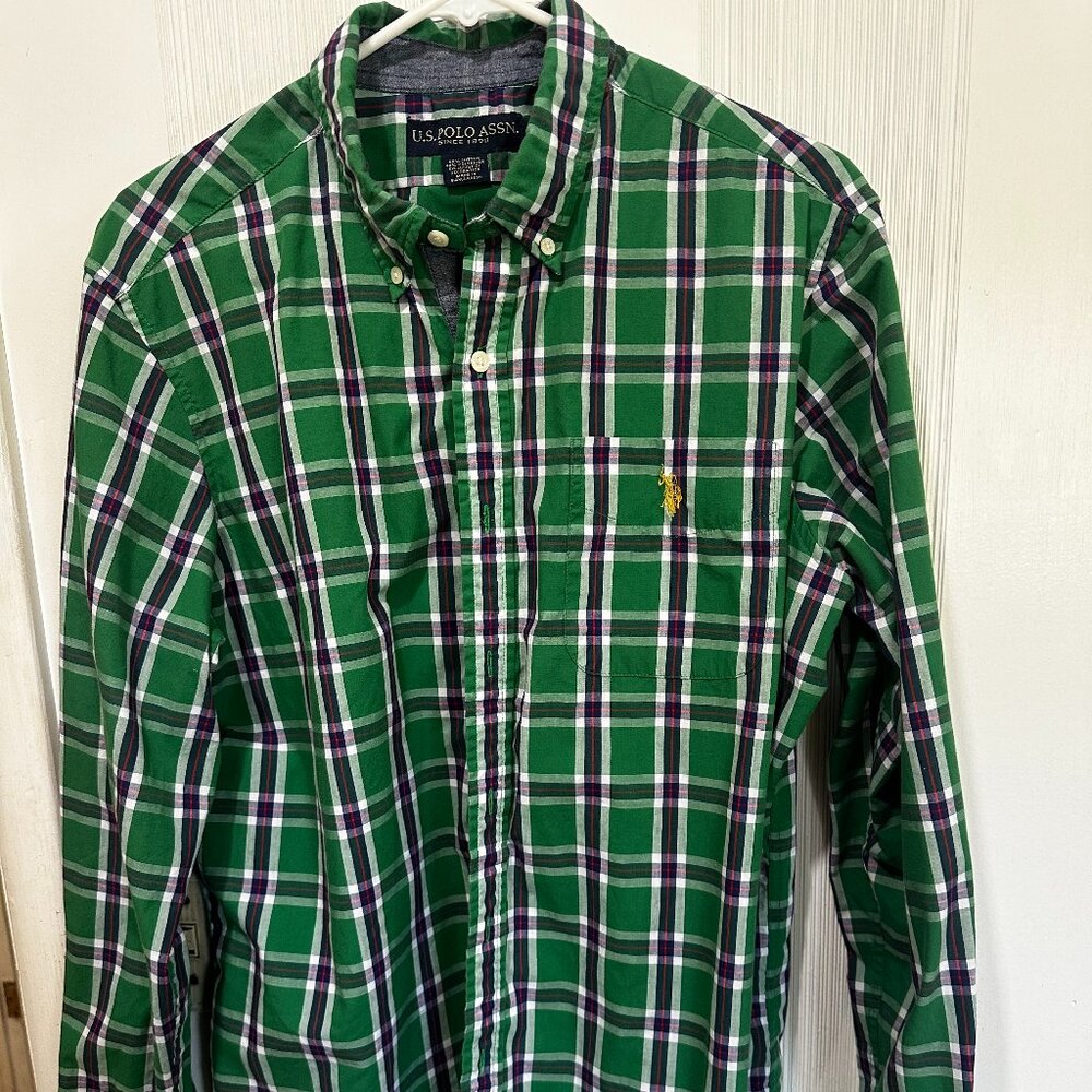 US Polo Association Men's Size L Blue Green Check Long Sleeve Button Down Shirt